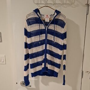 Quacker Factory Blue & White Open-Knit/Crochet Cotton/Ramie Zip Hoodie (Size L)